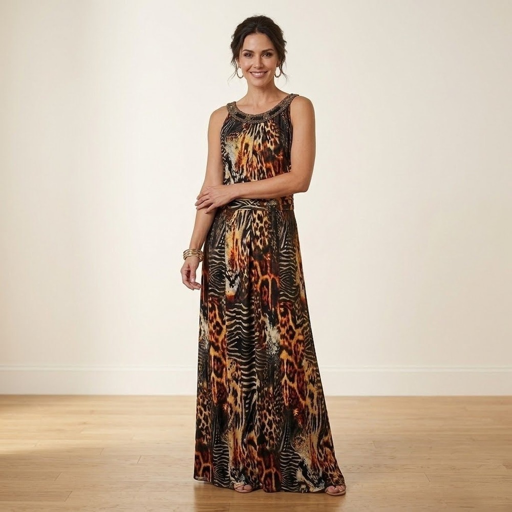 Frank Lyman Maxi Dress Womens 16 Brown Animal Print Beaded Neckline Event Formal